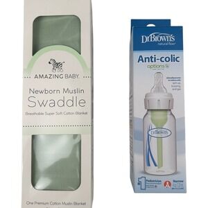 Amazing Baby Muslin Swaddle Sage Green & Dr Browns Anti-Colic 4oz Bottle Bundle